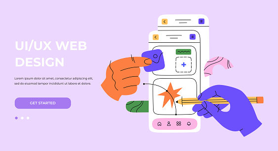 Hands working on creating interfaces for websites and mobile app. UX  UI design and programming web landing page. Hand drawn color vector illustration isolated on background. Flat cartoon style.