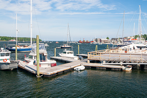 Camden, USA - October 13, 2021. Camden harbor at Sunset, Maine, USA