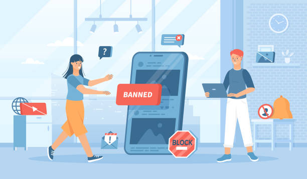 Blocking, banned user account on social media. Error, Access is denied. Account safety and secure. Flat cartoon vector illustration with people characters for banner, website design, landing web page Blocking, banned user account on social media. Error, Access is denied. Account safety and secure. Flat cartoon vector illustration with people characters for banner, website design, landing web page censorship stock illustrations