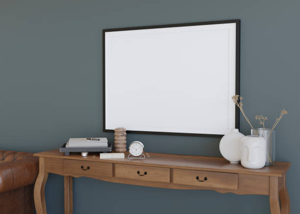istock Empty horizontal picture frame on blue wall in modern living room. Mock up interior in contemporary, classic style. Free, copy space for your picture. Close up view. 3D rendering. 1412307817