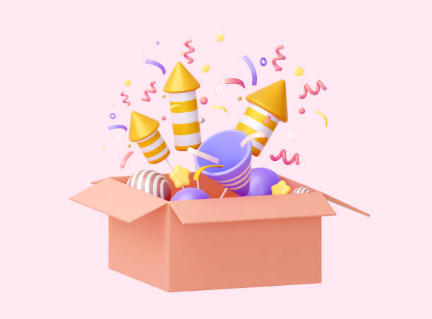 istock 3D box with fireworks and balloons. on an isolated pink background. 3d rendering. For celebrating New Year, birthday, Thanksgiving 1412307859
