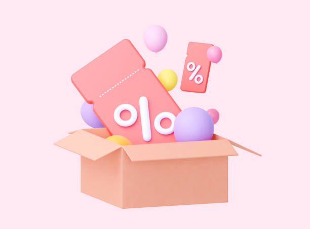 istock 3D cardboard box with coupons and flying balloons. 3d rendering. Illustration isolated on pastel rose color. For promotions and favourable discounts 1412307998