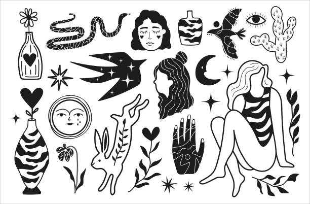 Vector isolated clip art tattoo bundle, trendy aesthetics objects Mystical snake, women, plants, animals, flowers and vases. Sticker pack set, black white apparel print design collection with stars simple snake tattoo drawings stock illustrations