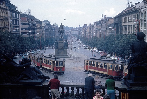Prague, Czech Republic, 1970. View of Wenceslas Square. Also: tourists, locals, trams and buildings.