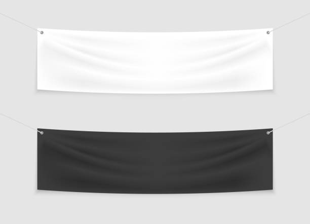 istock White and black textile banner on the ropes. Blank realistic stretched banner with folds. Mockup hanging advertising banner. Outdoor poster for promotion, marketing and advertising. Vector illustration. 1412312985