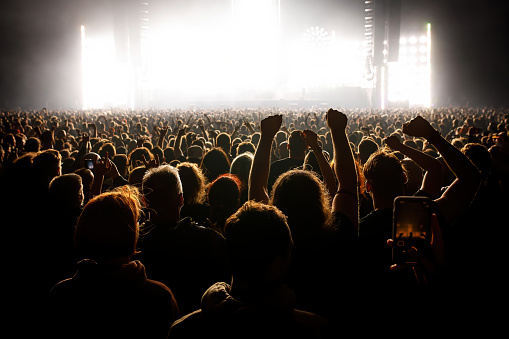 People with raised hands at a music concert. Fans in a concert hall