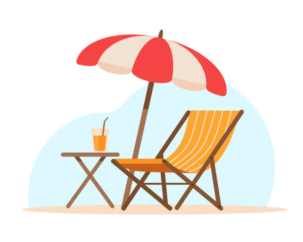 Summer patio furniture. Restaurant or cafe wooden table with chair and beach umbrella for holiday. Summer patio furniture. Restaurant or cafe wooden table with chair and beach umbrella for holiday. Vector illustration isolated on white background. deck chair stock illustrations