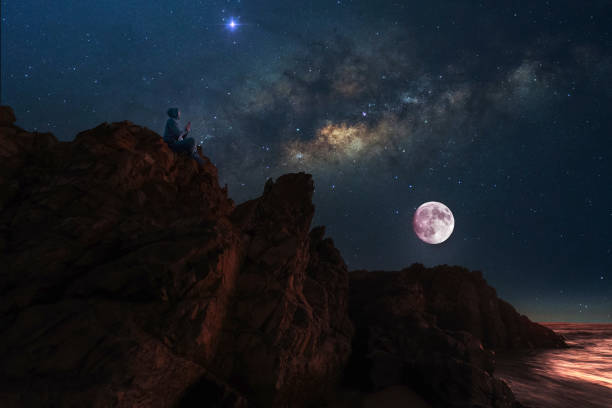 istock person meditating outdoors at night on the cliff under the Milky Way 1412314670