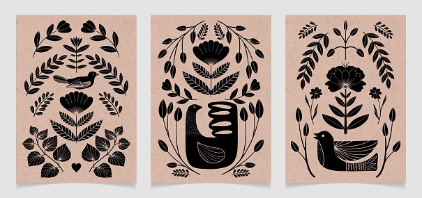 Set of symmetrical ornament with bird, flowers and leaves with different folk compositions. Motif in scandinavian style. Ethnic flat illustration with paper texture in black.