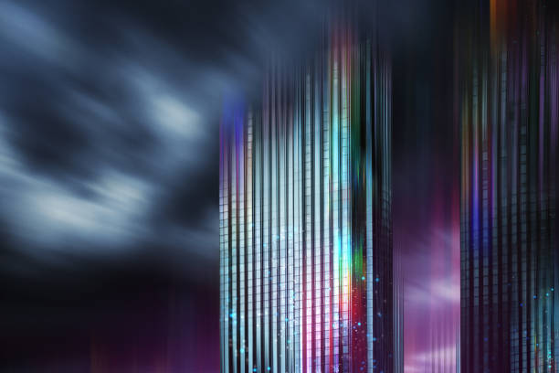 Abstract city of future concept. Futuristic skyscrapers shining with vibrant energy waves flowing up, representing modern technology and innovative way of life