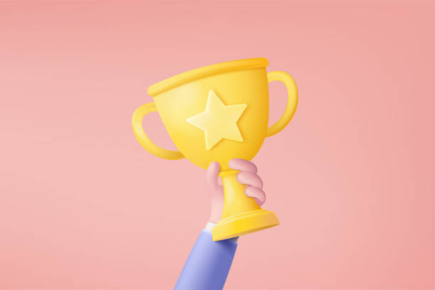 illustrazioni stock, clip art, cartoni animati e icone di tendenza di 3d celebra i vincitori con la coppa d'oro, le stelle dei vincitori del premio nel tenersi per mano. concetto di cerimonia di premiazione su piedistallo con stile cartone animato. 3d trofeo icona vettoriale render illustrazione isolata su sfondo rosa - trofeo