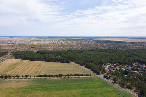 Aerial view of the Lusatian landscape with the Jaenschwalde opencast mine. Heinersbrueck, Brandenburg, Germany