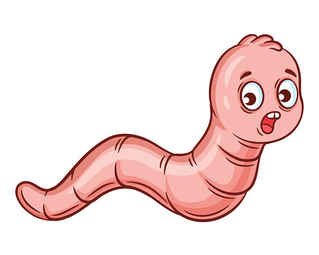 Cute garden earthworm, ground worm creeps or helminth parasite icon. Gardening plant pest insect control. Funny pink snake or parasitic larva bug cartoon animal character. Small beetle grub. Maggot crawl. Bait for fishing. Agriculture harvest protection.  Isolated vector