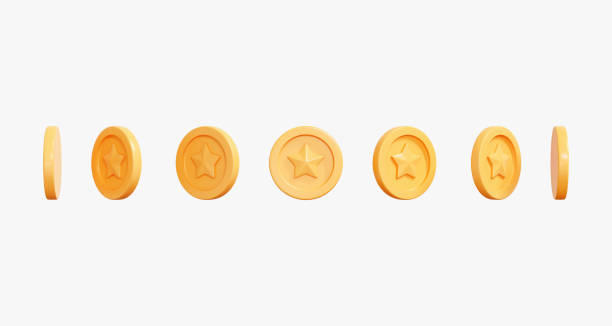 3D Gold coin set at different rotation angles. Creative design icon for game and animation isolated on white background. All rotation view. Realistic coin with star. Cartoon collection. 3D Rendering