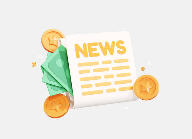 3D Newspaper with green paper money and gold coin. Financial news. Newspaper with world economy. Cryptocurrency investment and trading magazine. Cartoon creative icon isolated on white. 3D Rendering stock photo