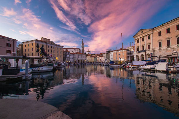 istock Sunset in harbor at Piran city 1412330844