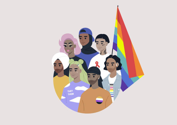 ilustraciones, imágenes clip art, dibujos animados e iconos de stock de un grupo diverso de millennials modernos con una bandera del arco iris dibujada en un círculo, personas que usan signos y símbolos de la comunidad lgbtq - middle eastern ethnicity illustrations