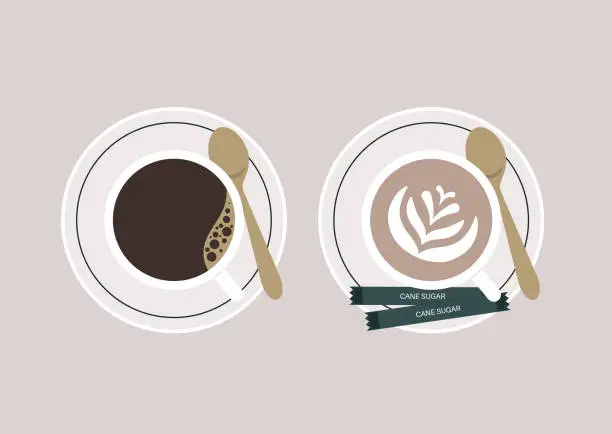 Vector illustration of A top view of two cups of coffee, black and cappuccino, served on saucers with cane sugar packets