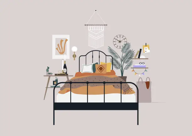 Vector illustration of A boho chic bedroom decorated with house plants, blankets, pillows, books, candles, and other home decor