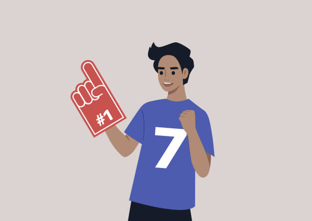 ilustrações de stock, clip art, desenhos animados e ícones de a young male caucasian team supporter waving a foam finger, sports competition - fan sport football male