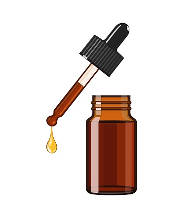 Brown glass essential oil bottle with pipette and oil drop, vector illustration isolated on white background
