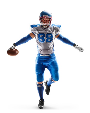 Awareness. Sports emotions. Jumping American football player. Isolated on white background. Sport