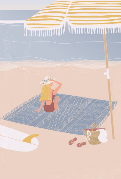 illustrazioni stock, clip art, cartoni animati e icone di tendenza di illustrazione piatta della ragazza surfista seduta sulla spiaggia - beach surfing bikini retro revival
