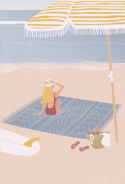 istock Flat illustration of surfer girl sitting on the beach 1412340330