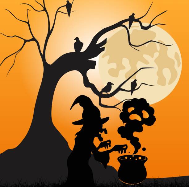 Halloween background with witch cooking a magic potion Vector Illustration of Halloween background with witch cooking a magic potion woman smoking pot stock illustrations