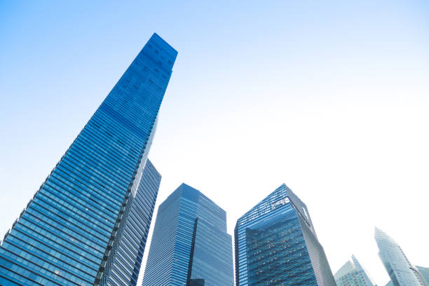 low angle view of singapore modern city buildings..