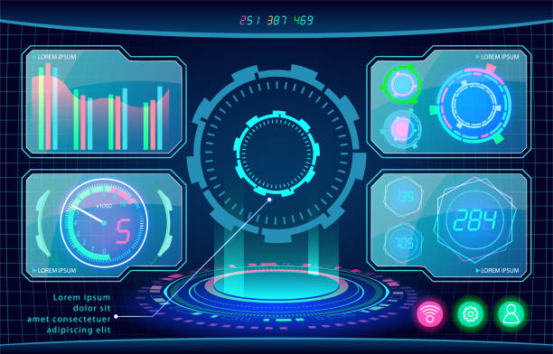 Sci-fi futuristic HUD dashboard display virtual reality technology screen Sci-fi futuristic HUD dashboard display virtual reality technology screen. Abstract digital technology UI/UX Futuristic HUD, FUI, Virtual Interface. computer settings screen stock illustrations