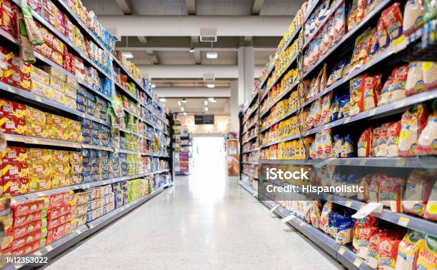 Empty Aisle At A Supermarket Stock Photo - Download Image Now - Supermarket, Aisle, Groceries