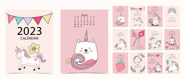 ilustrações de stock, clip art, desenhos animados e ícones de 2023 table calendar week start on sunday with unicorn and flower that use for vertical digital and printable a4 a5 size - november calendar pink event