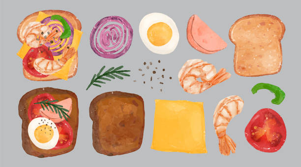ilustraciones, imágenes clip art, dibujos animados e iconos de stock de establecer comida para el desayuno acuarela estilo ilustración - bacon illustration and painting pork ham