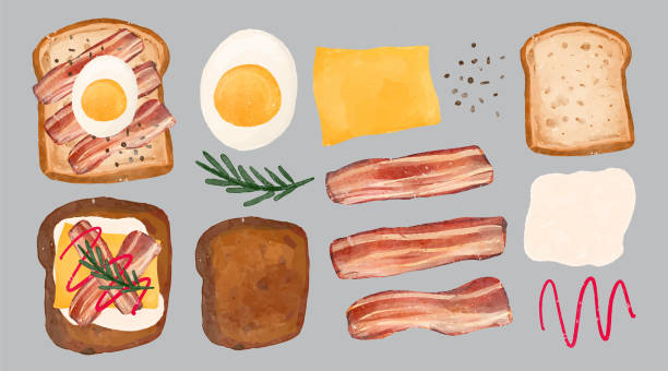 ilustraciones, imágenes clip art, dibujos animados e iconos de stock de establecer comida para el desayuno acuarela estilo ilustración - bacon illustration and painting pork ham