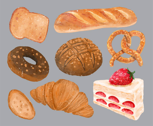 illustrazioni stock, clip art, cartoni animati e icone di tendenza di bella panetteria ad acquerello con illustrazioni vettoriali di pane e dessert. - grainau