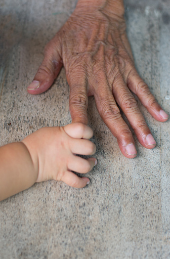 The hands of the elderly with the hands of children touching.
