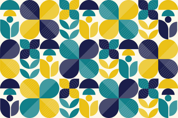추상적 인 평면 기하학적 배경, 원과 선의 간단한 모양의 모자이크 패턴 디자인. - green abstract backgrounds leaf stock illustrations