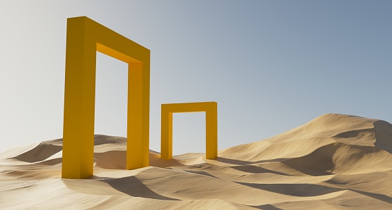 Surreal desert landscape with white clouds going into the yellow square portals on sunny day. Modern minimal abstract background