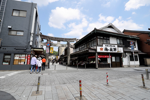 Fukuoka, Japan - July 22, 2022: The shopping street in Dazaifu nearly Tenmengu Shrine, Fukuoka, Japan,