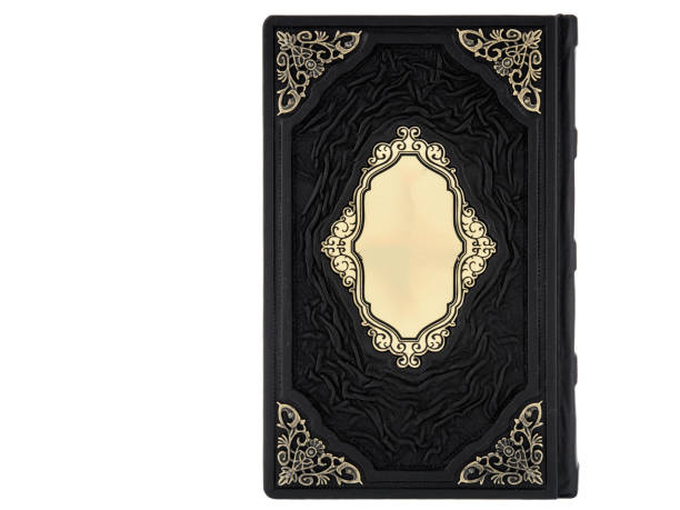 istock Dark Leather mockup book with cover color isolated on white background, front view. With empty lable and metal fittings. 1412372028