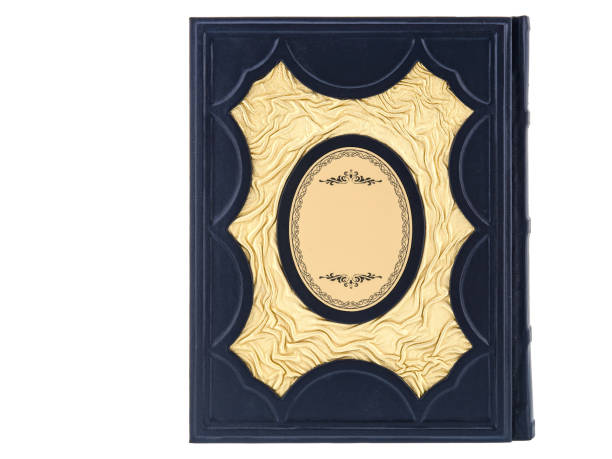 istock Dark Leather mockup book with cover color isolated on white background, front view. With empty lable and metal fittings. 1412372029