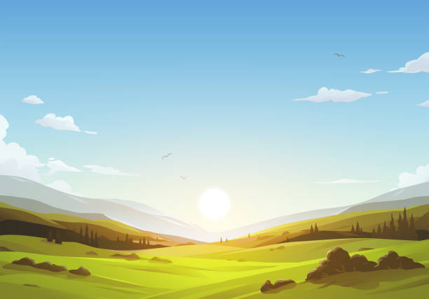 美しい朝の風景 - meadow forest field sunrise点のイラスト�素材／クリップアート素材／マンガ素材／アイコン素材