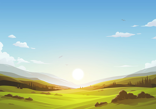 Sunrise over a beautiful rural landscape with trees, bushes, hills, mountains and green meadows. Vector illustration with space for text.
