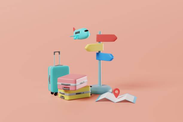 istock Travel concept with map, direction sign pole, plane and suitcase on orange background. 3 rendering 1412374783