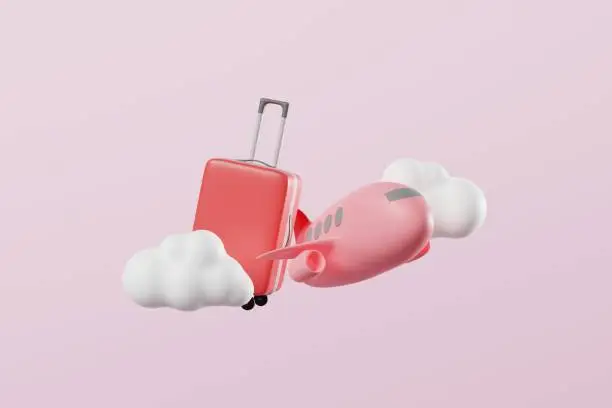 Photo of Pink plane flying with suitcase in the air with cloud. International travelling concept. 3d rendering
