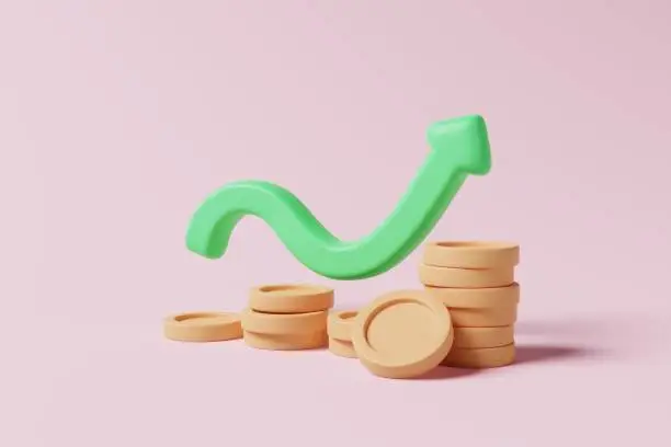 Photo of Increasing growth arrow with money coins on pink background. Investment profit concept. 3d rendering