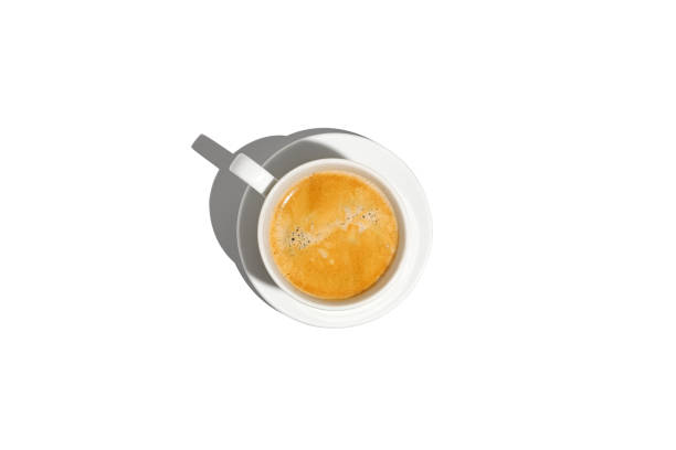 istock Hot coffee cup, mug of cappuccino, latte in hard light on white background with shadow, top view, flat lay. Mockup for design. Minimal style. Concept hot drinks, beverages. 1412377323