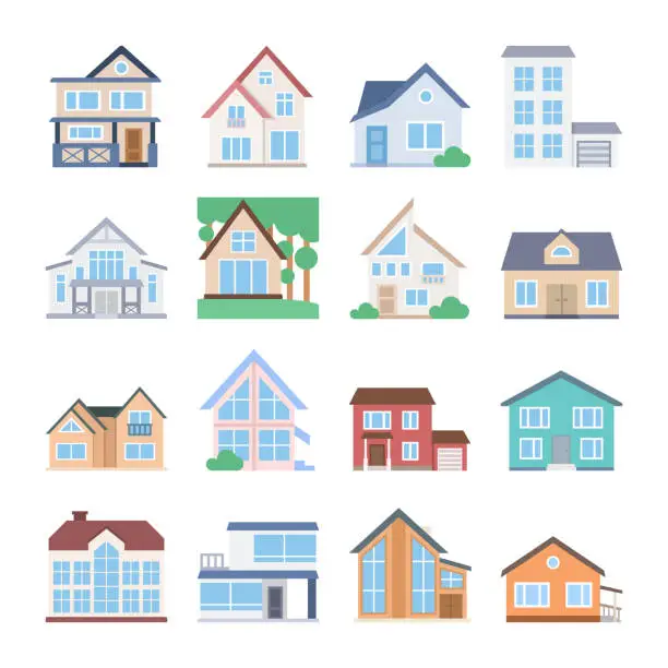 Vector illustration of Houses icons set. Urban and suburban house collection. Different shapes and designs. Town house and cottage