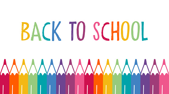 Lettering Back to school. Background with colored pencils and blank paper. Welcome back to school background with colorful pencils on paper. Header for website, magazine, advertisement, sale, shopping
